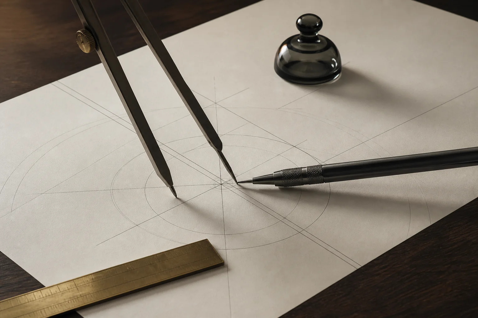 Two precision drawing tools meeting over a shared geometric plan, representing composite calculation