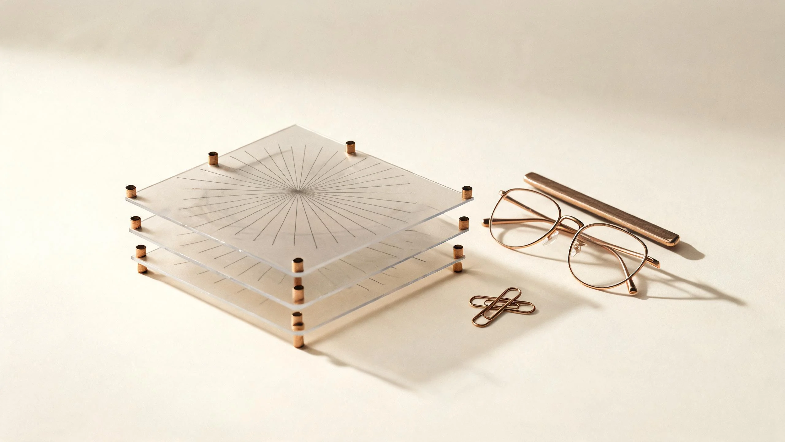 Three translucent analytical chart layers aligned with copper spacers and reading glasses