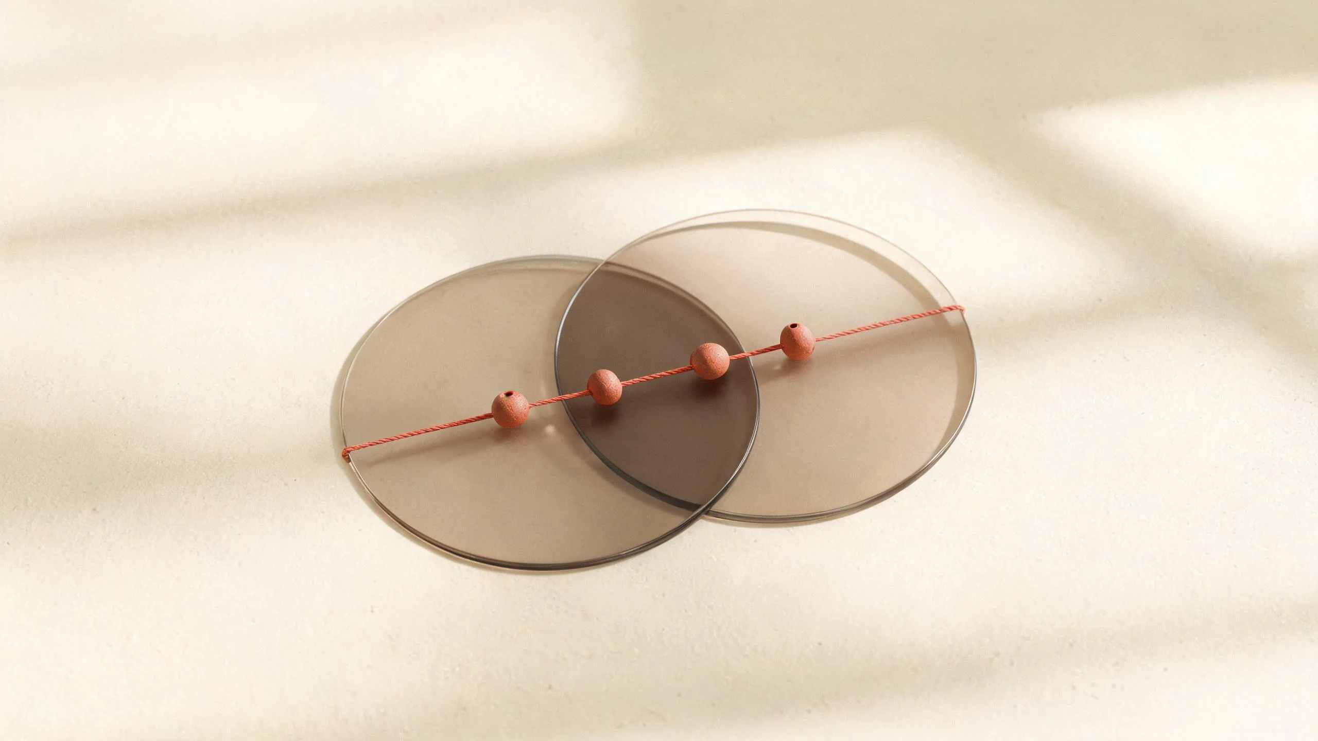 Overlapping smoked-glass discs connected by a coral relationship line