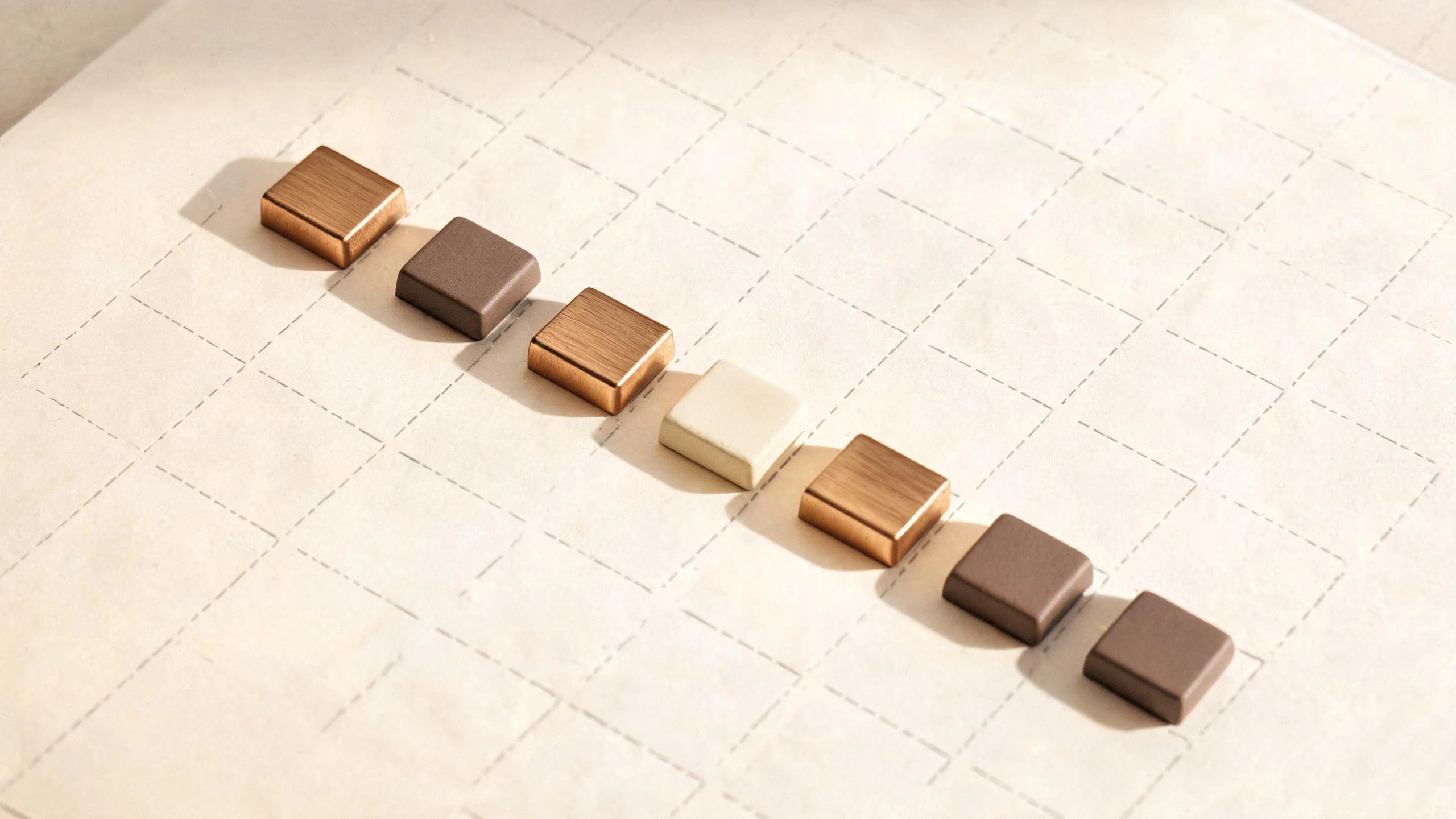 Brushed metal and ceramic markers arranged along a measured value-flow path