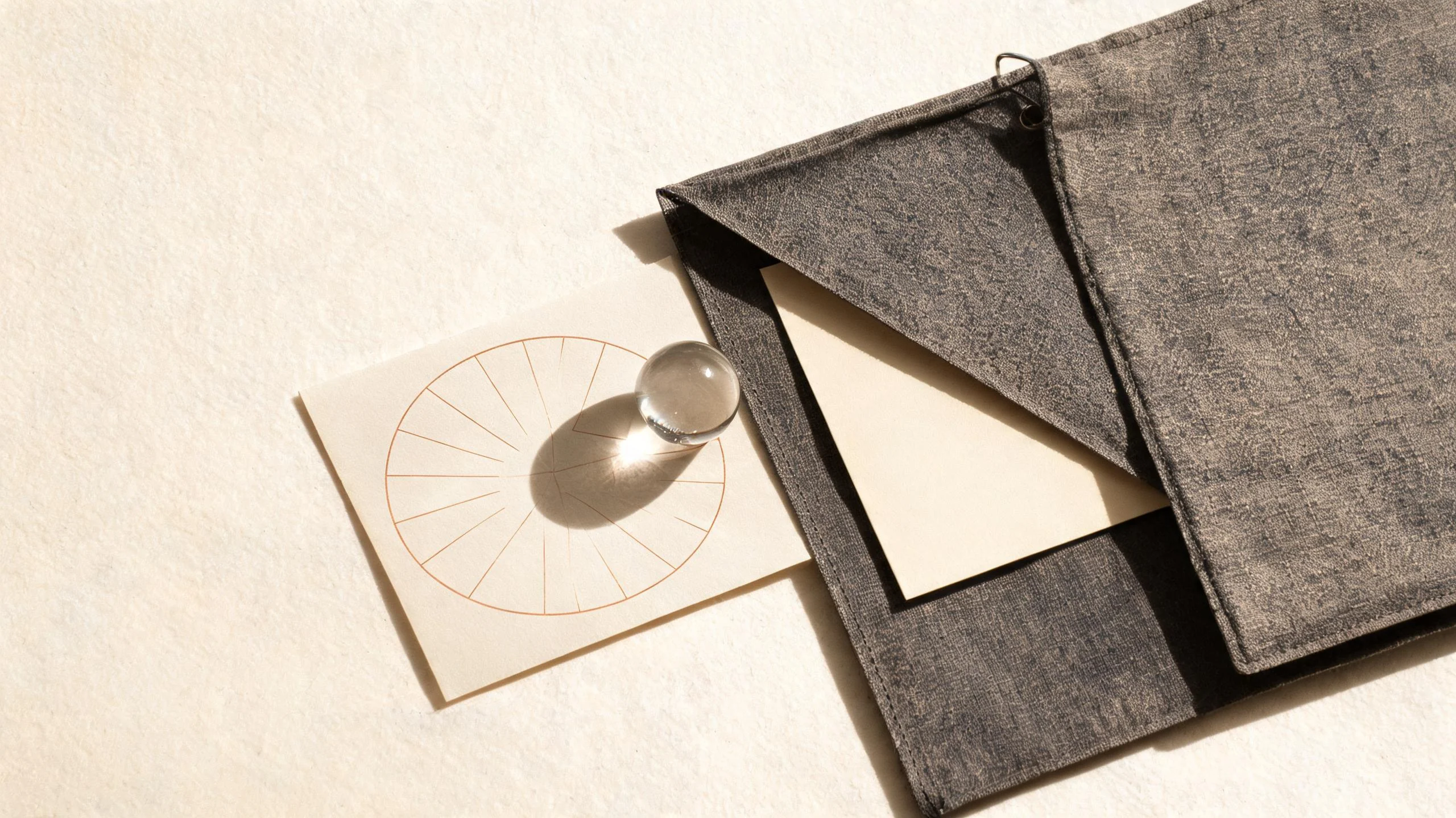 Personal circular chart stored in a charcoal linen portfolio beneath a glass paperweight